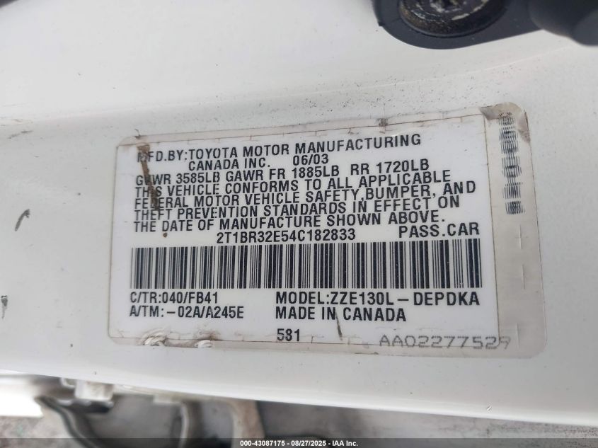 2004 Toyota Corolla Ce VIN: 2T1BR32E54C182833 Lot: 43087175