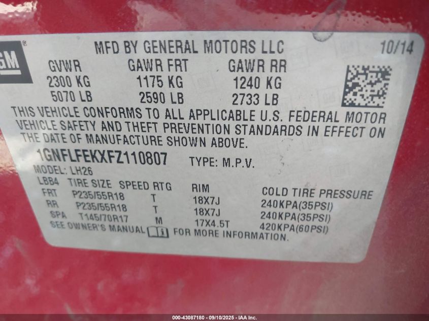 2015 Chevrolet Equinox 1Lt VIN: 1GNFLFEKXFZ110807 Lot: 43087180