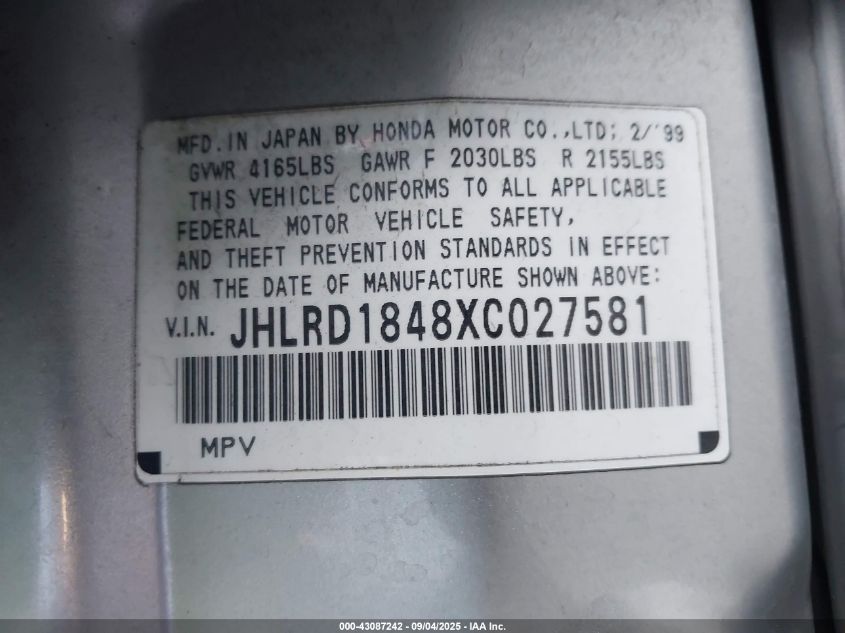 1999 Honda Cr-V Lx VIN: JHLRD1848XC027581 Lot: 43087242