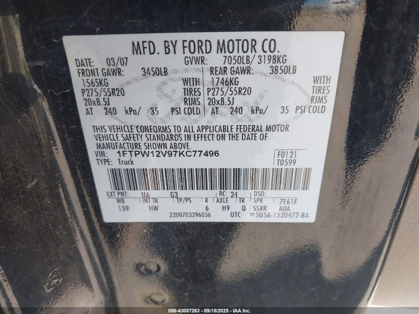 2007 Ford F-150 Lariat/Xlt VIN: 1FTPW12V97KC77496 Lot: 43087263