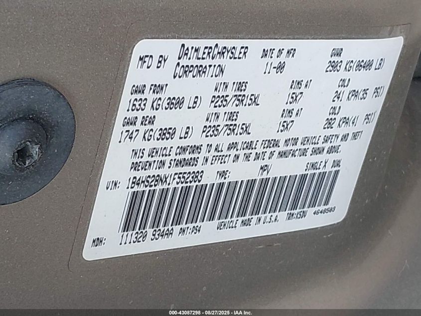 2001 Dodge Durango VIN: 1B4HS28NX1F552383 Lot: 43087298