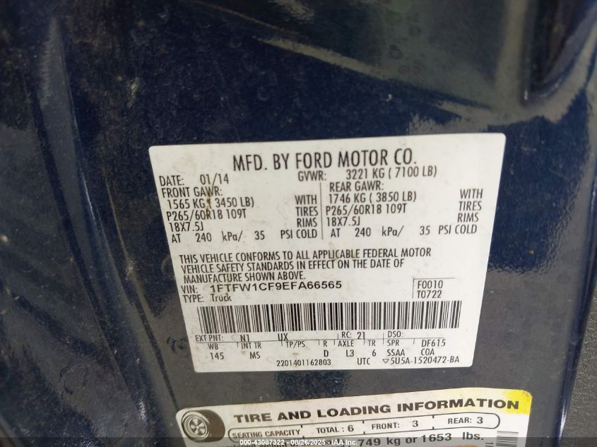 2014 Ford F-150 Xlt VIN: 1FTFW1CF9EFA66565 Lot: 43087322