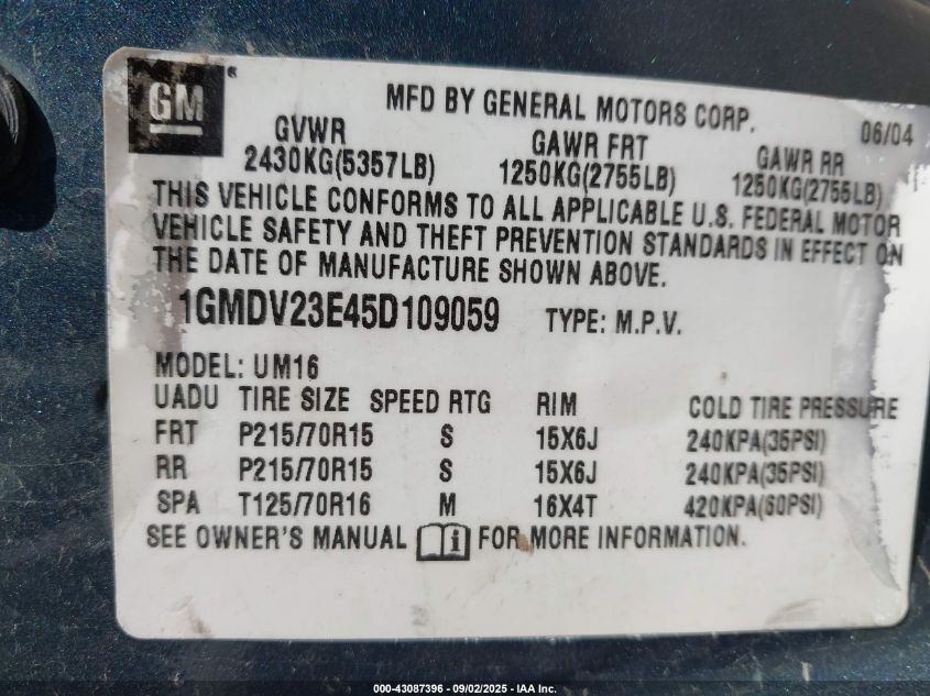 2005 Pontiac Montana M16 W/1Sa Pkg. VIN: 1GMDV23E45D109059 Lot: 43087396