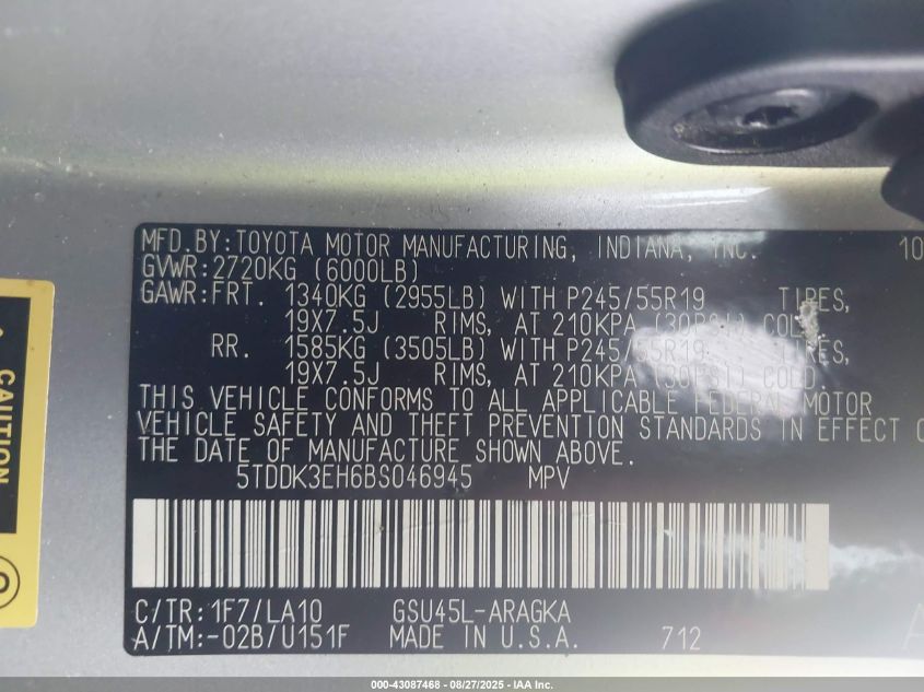 2011 Toyota Highlander Limited V6 VIN: 5TDDK3EH6BS046945 Lot: 43087468