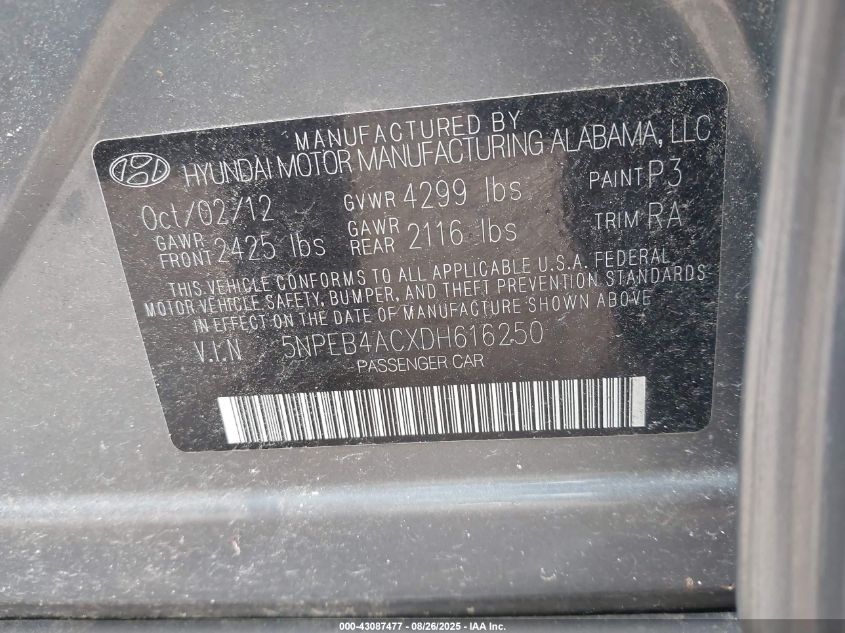 2013 Hyundai Sonata Gls VIN: 5NPEB4ACXDH616250 Lot: 43087477
