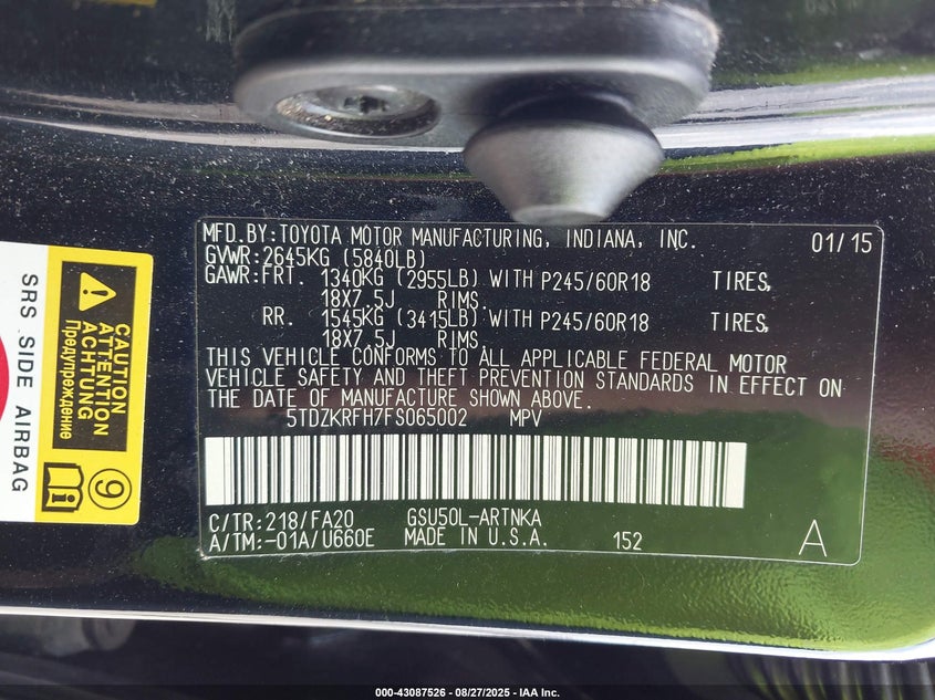 2015 TOYOTA HIGHLANDER LE PLUS V6 - 5TDZKRFH7FS065002