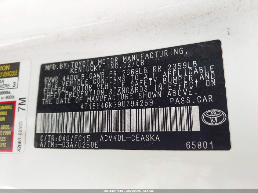 2009 Toyota Camry Se VIN: 4T1BE46K39U794259 Lot: 43087540