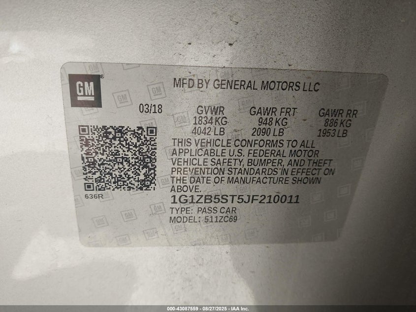 2018 Chevrolet Malibu 1Ls VIN: 1G1ZB5ST5JF210011 Lot: 43087559