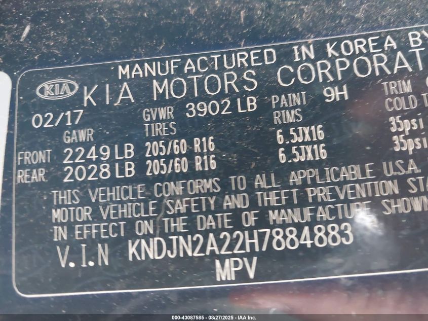 2017 Kia Soul VIN: KNDJN2A22H7884883 Lot: 43087585