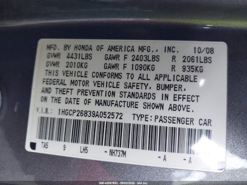 2009 Honda Accord 2.4 Ex-L VIN: 1HGCP26839A052572 Lot: 43087653