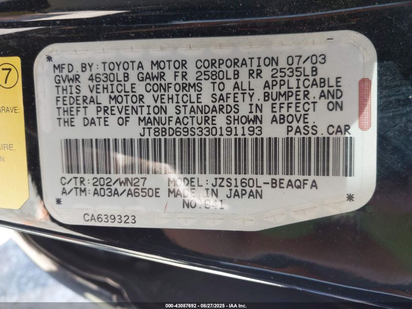 2003 Lexus Gs 300 VIN: JT8BD69S330191193 Lot: 43087692