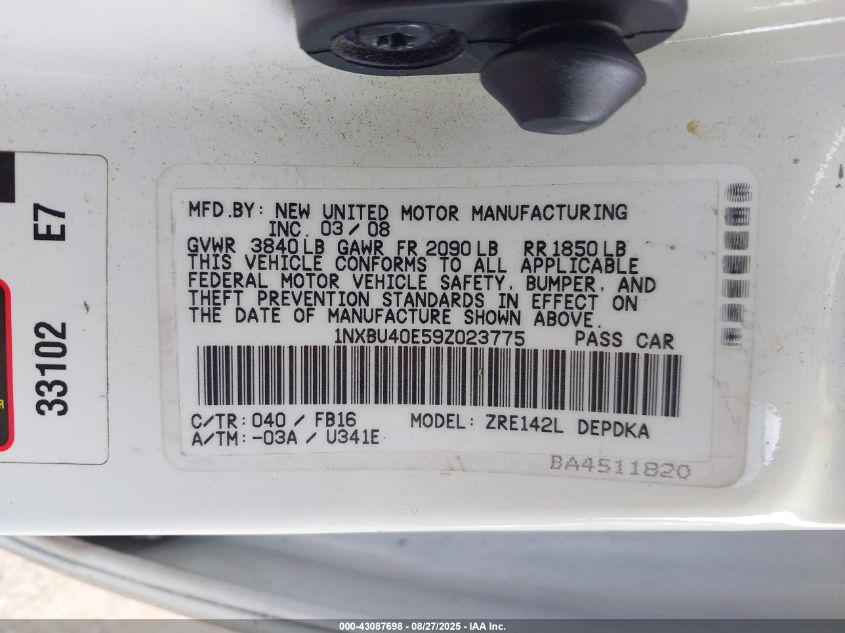 2009 Toyota Corolla VIN: 1NXBU40E59Z023775 Lot: 43087698