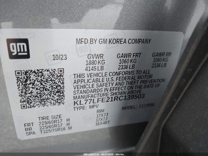 2024 Chevrolet Trax Fwd Sp VIN: KL77LFE21RC139503 Lot: 43087710