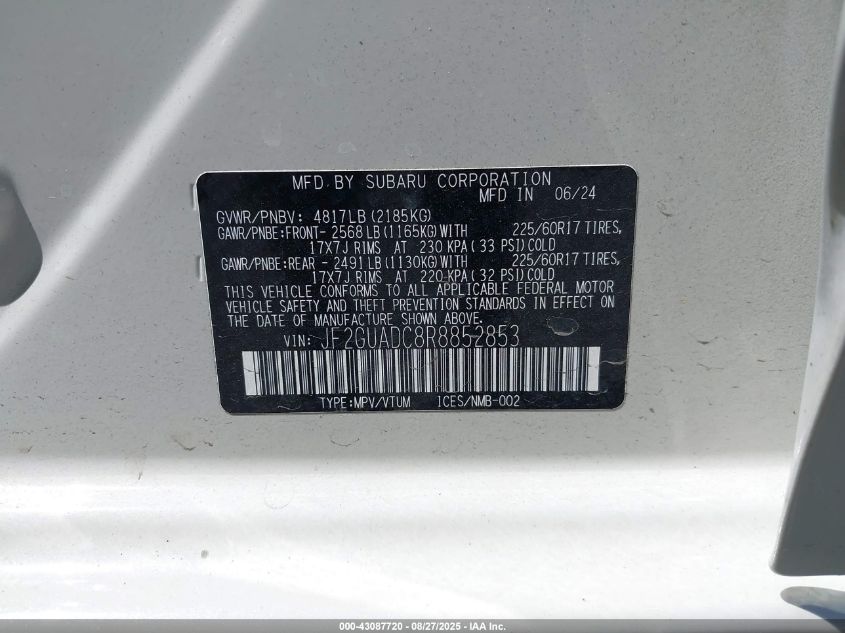 2024 Subaru Crosstrek Premium VIN: JF2GUADC8R8852853 Lot: 43087720