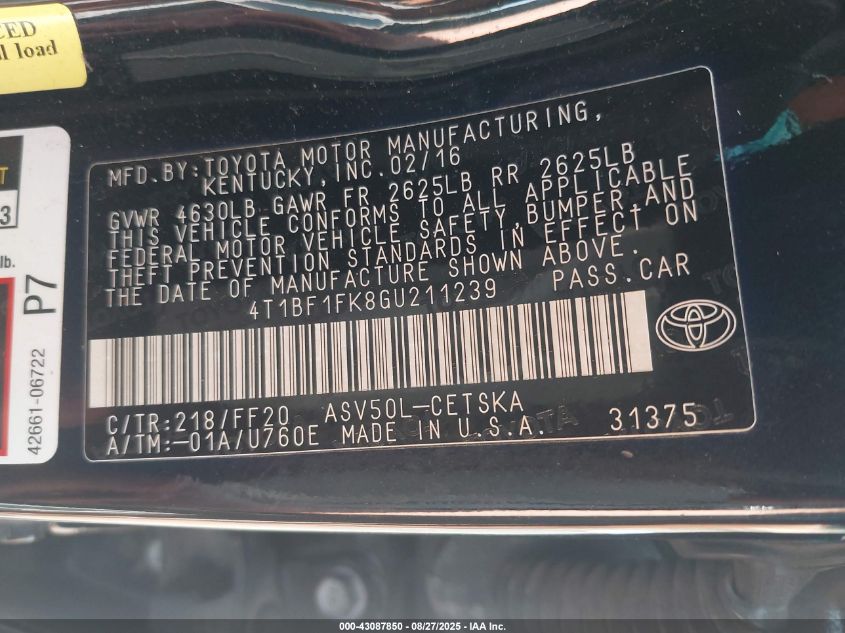 2016 Toyota Camry Se VIN: 4T1BF1FK8GU211239 Lot: 43087850