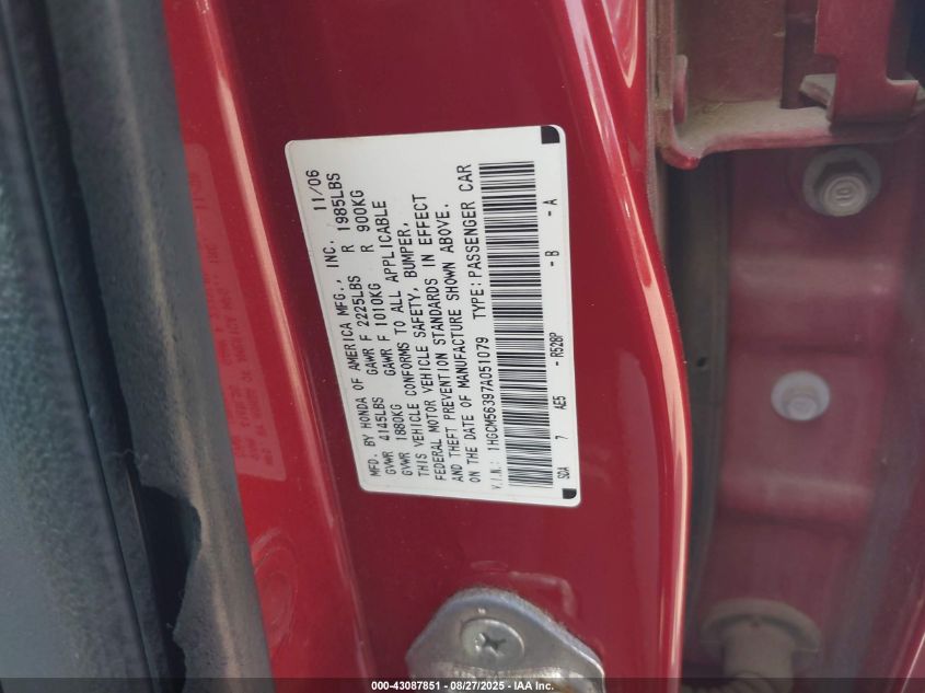 2007 Honda Accord 2.4 Se VIN: 1HGCM56397A051079 Lot: 43087851