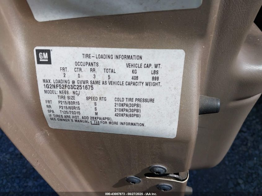 2003 Pontiac Grand Am Se1 VIN: 1G2NF52F03C251675 Lot: 43087873