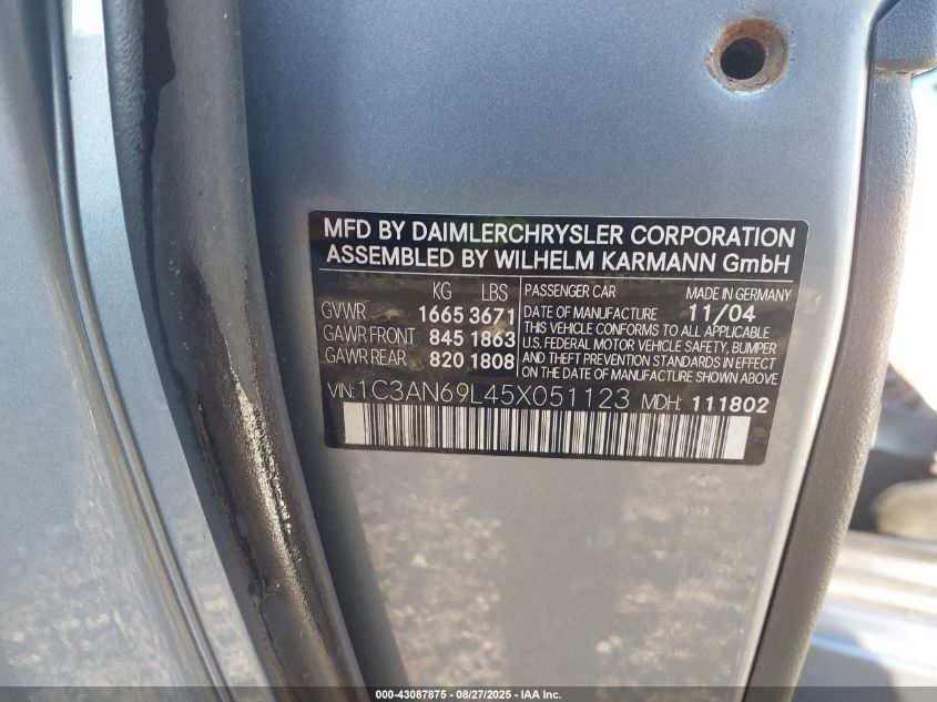 2005 Chrysler Crossfire Limited VIN: 1C3AN69L45X051123 Lot: 43087875