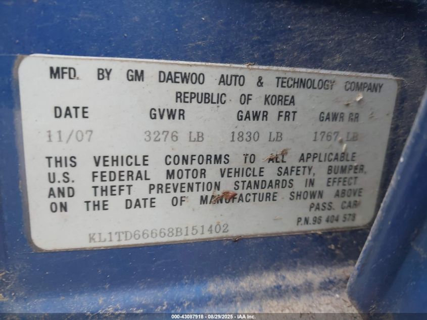 2008 Chevrolet Aveo 5 Special Value VIN: KL1TD66668B151402 Lot: 43087918