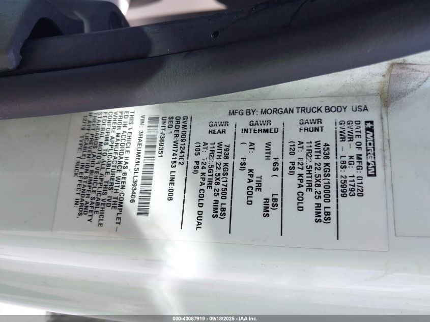 2020 International Mv VIN: 3HAEUMML5LL393406 Lot: 43087919