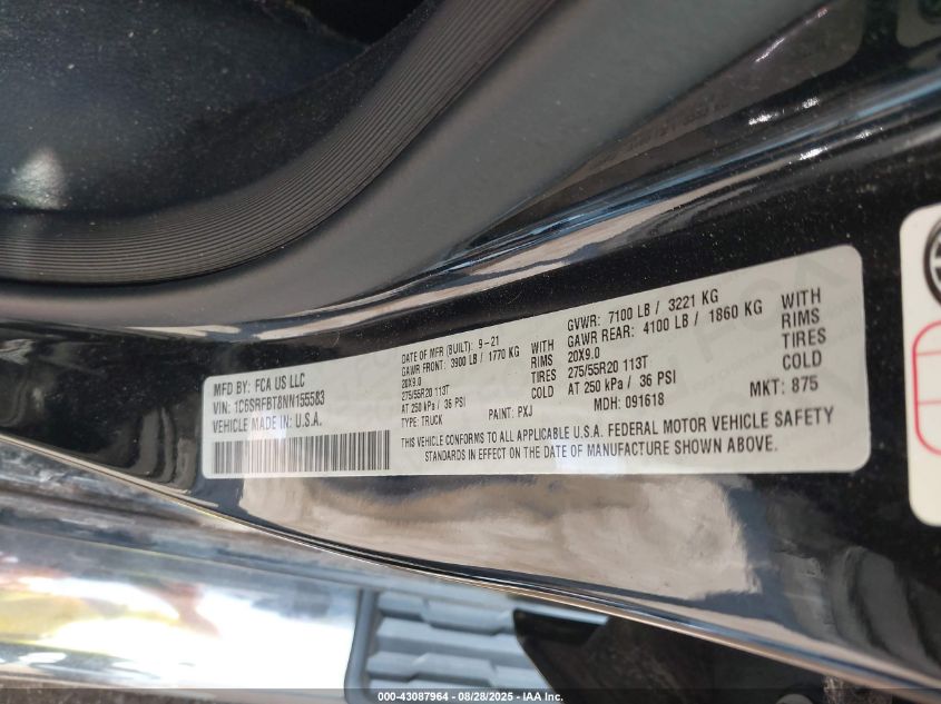 2022 Ram 1500 Big Horn 4X4 6'4 Box VIN: 1C6SRFBT8NN155583 Lot: 43087964