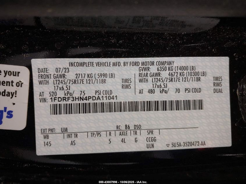 2023 Ford F-350 Chassis Xl VIN: 1FDRF3HN4PDA11041 Lot: 43087996