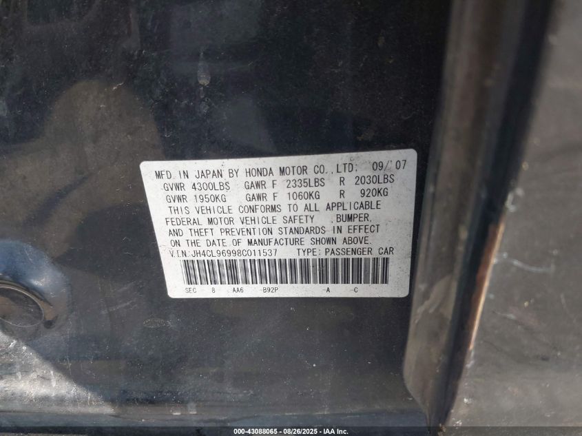 2008 Acura Tsx VIN: JH4CL96998C011537 Lot: 43088065