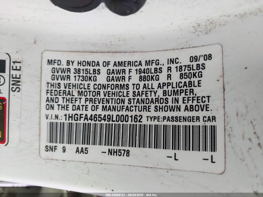 2009 Honda Civic Gx VIN: 1HGFA46549L000162 Lot: 43088121