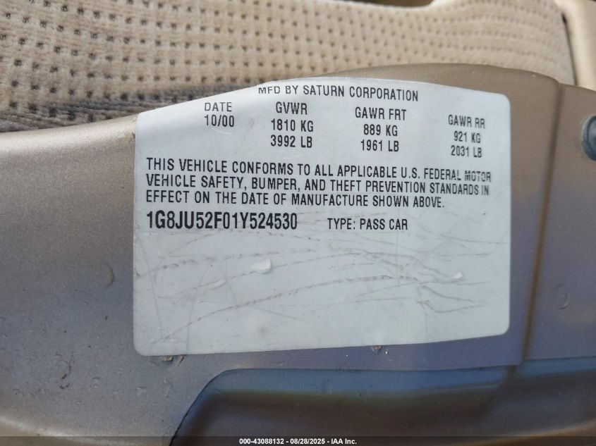 2001 Saturn L200 VIN: 1G8JU52F01Y524530 Lot: 43088132