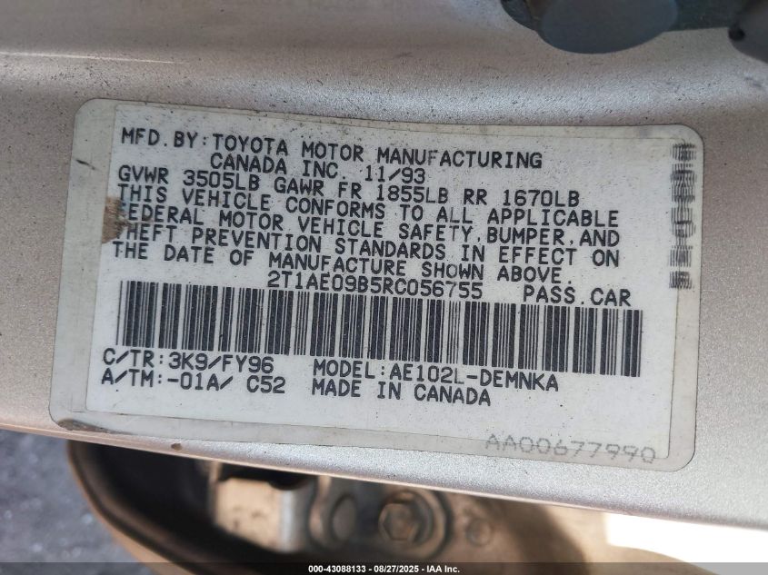 1994 Toyota Corolla Le/Dx VIN: 2T1AE09B5RC056755 Lot: 43088133