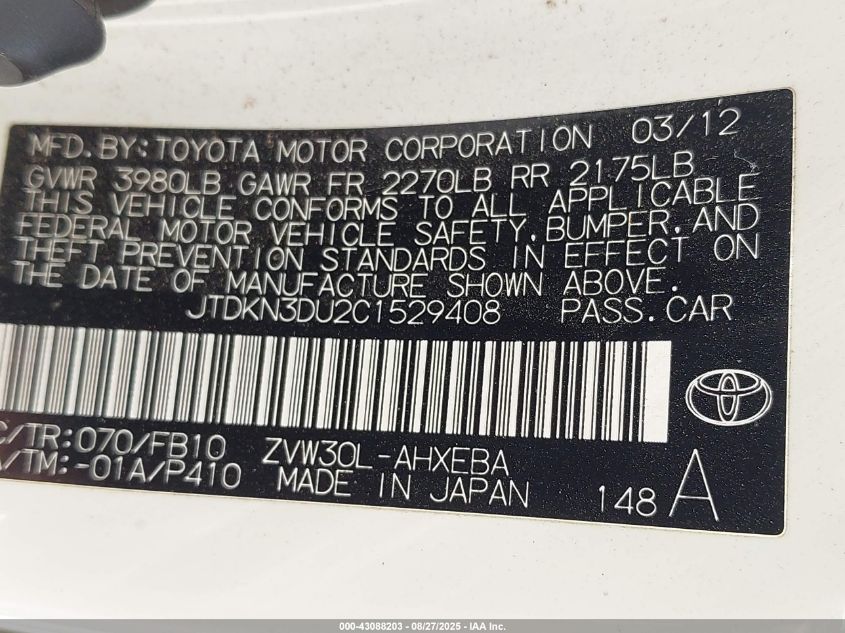 2012 Toyota Prius Two VIN: JTDKN3DU2C1529408 Lot: 43088203