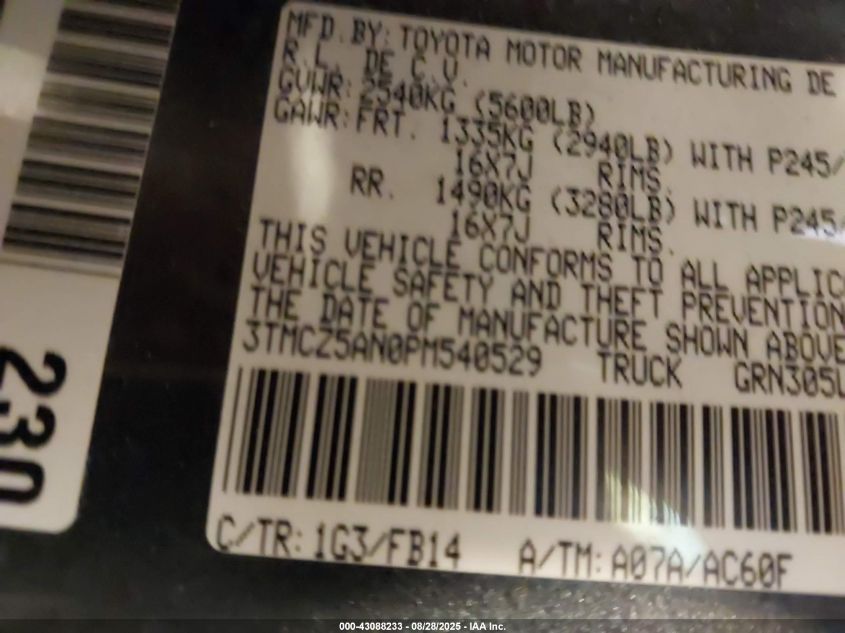 2023 Toyota Tacoma Sr V6 VIN: 3TMCZ5AN0PM540529 Lot: 43088233