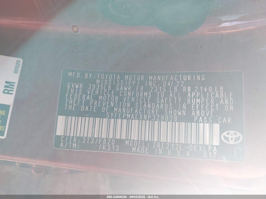 2022 TOYOTA COROLLA LE 5YFEPMAEXNP329028