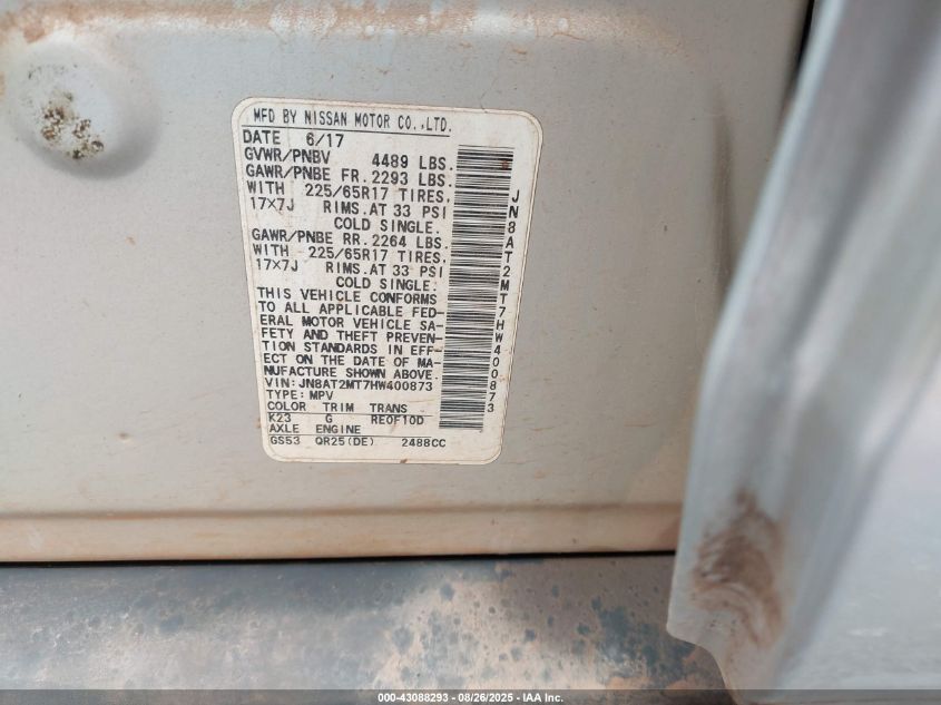 2017 Nissan Rogue Sv VIN: JN8AT2MT7HW400873 Lot: 43088293