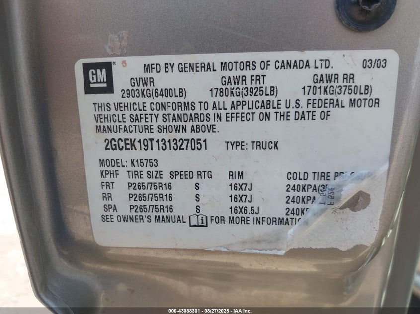 2003 Chevrolet Silverado 1500 Lt VIN: 2GCEK19T131327051 Lot: 43088301