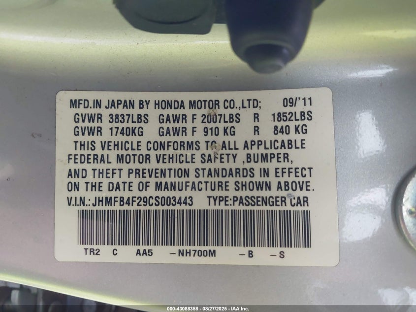2012 Honda Civic Hybrid VIN: JHMFB4F29CS003443 Lot: 43088358