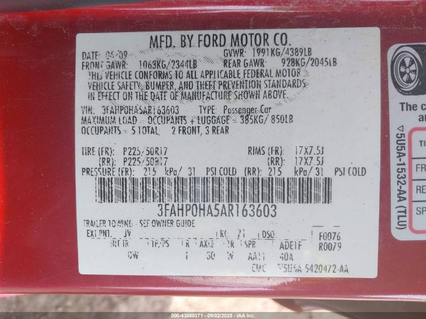 2010 Ford Fusion Se VIN: 3FAHP0HA5AR163603 Lot: 43088371