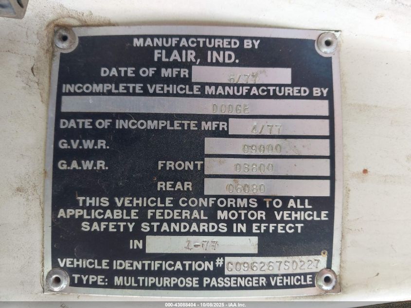1977 Dodge Truck VIN: C096267S0227 Lot: 43088404