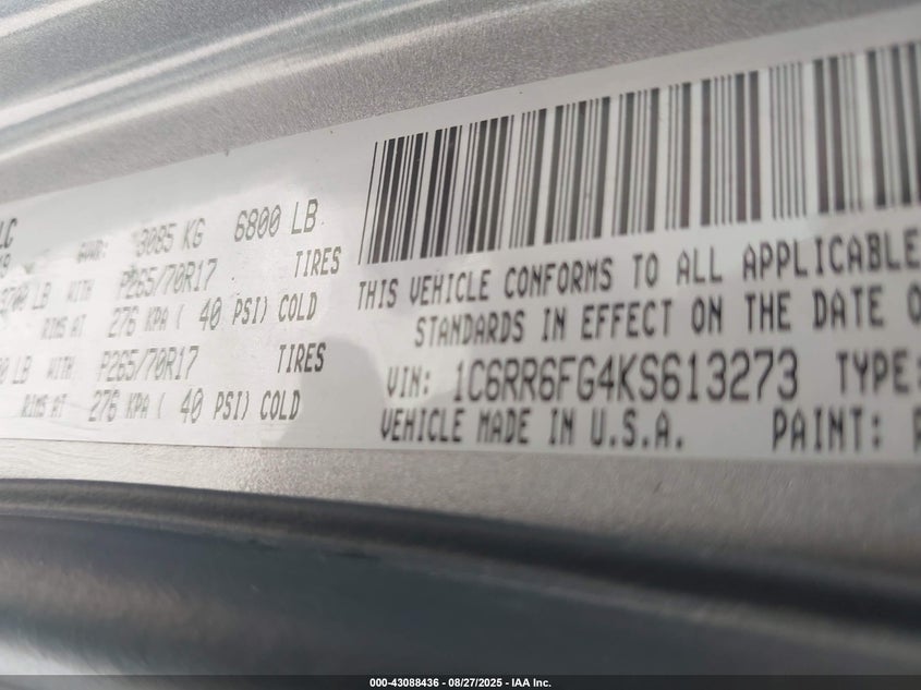 2019 Ram 1500 Classic Tradesman 4X2 6'4 Box VIN: 1C6RR6FG4KS613273 Lot: 43088436