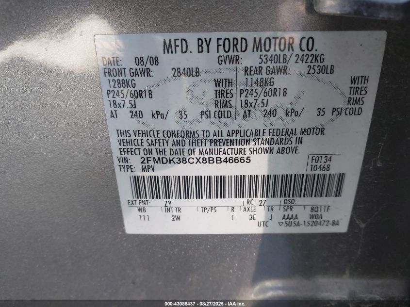 2008 Ford Edge Sel VIN: 2FMDK38CX8BB46665 Lot: 43088437