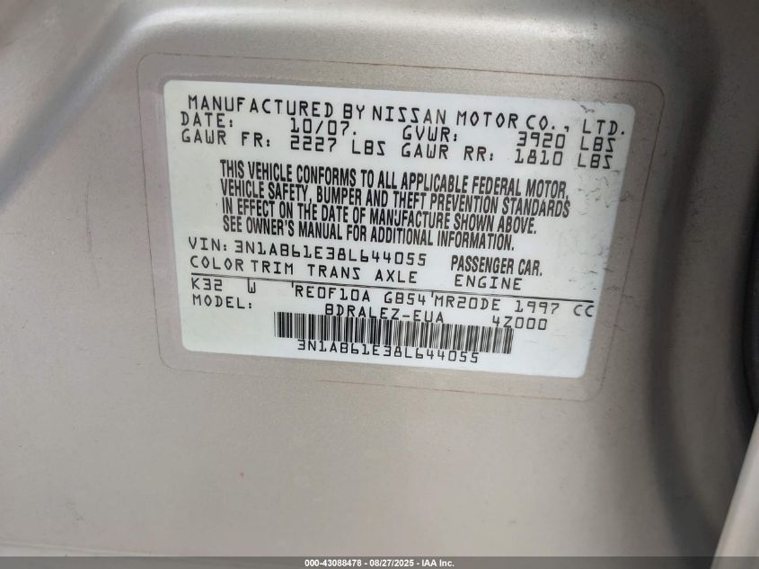 2008 Nissan Sentra 2.0S VIN: 3N1AB61E38L644055 Lot: 43088478