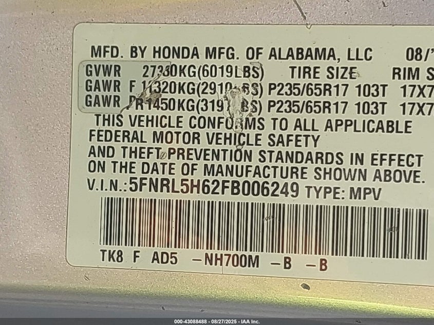 2015 HONDA ODYSSEY EX-L - 5FNRL5H62FB006249