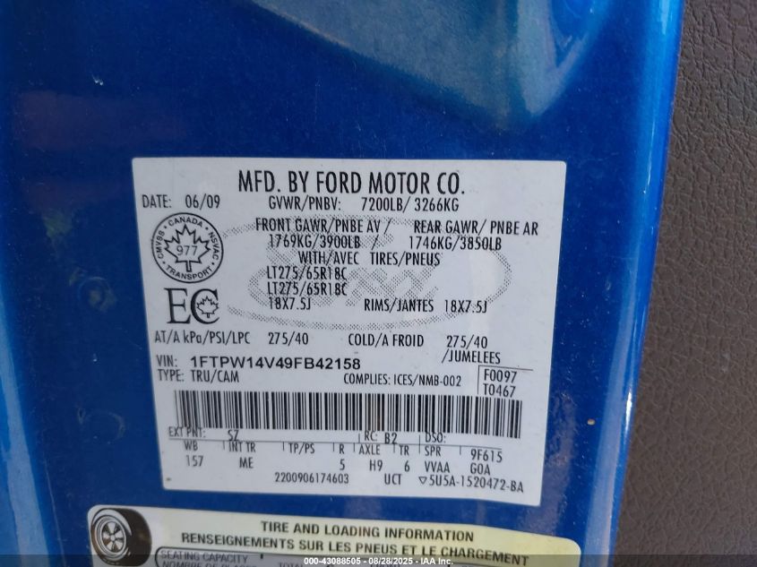 2009 Ford F-150 Fx4/King Ranch/Lariat/Platinum/Xl/Xlt VIN: 1FTPW14V49FB42158 Lot: 43088505