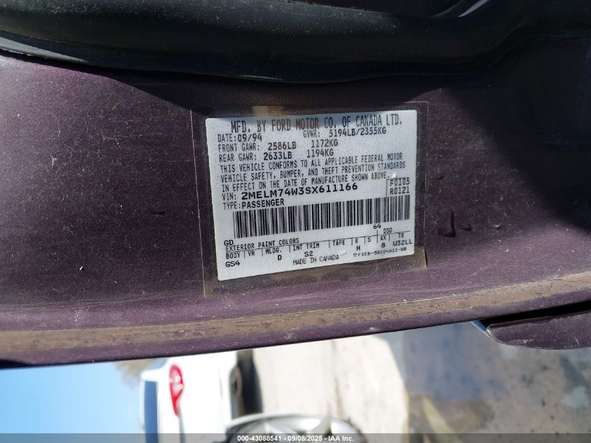 1995 Mercury Grand Marquis Gs VIN: 2MELM74W3SX611166 Lot: 43088541