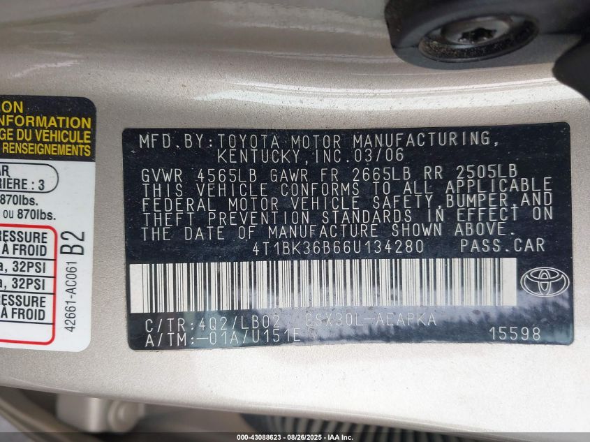 2006 Toyota Avalon Limited VIN: 4T1BK36B66U134280 Lot: 43088623