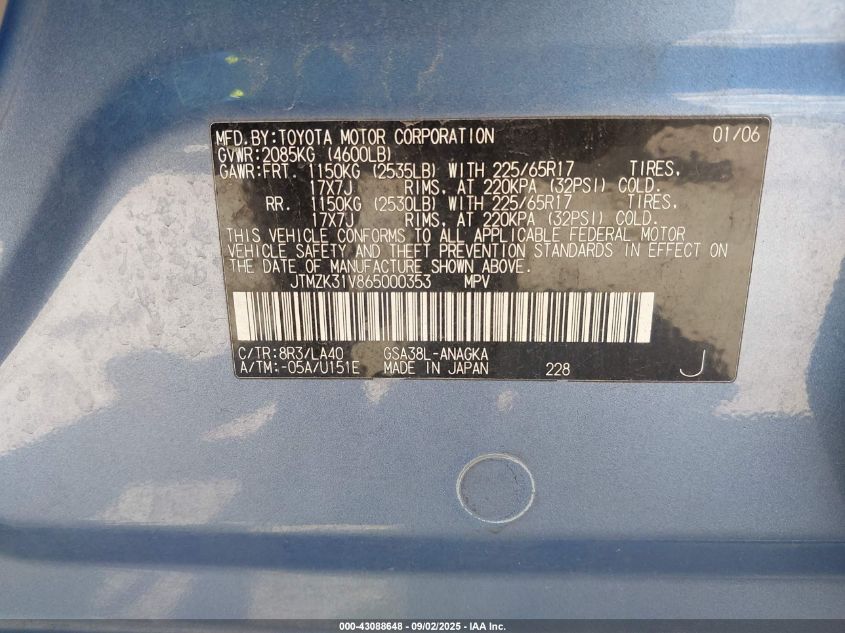 2006 Toyota Rav4 Limited V6 VIN: JTMZK31V865000353 Lot: 43088648