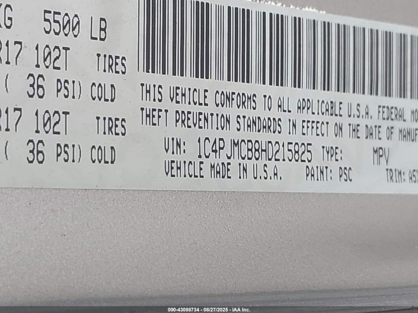 2017 Jeep Cherokee Latitude 4X4 VIN: 1C4PJMCB8HD215825 Lot: 43088734