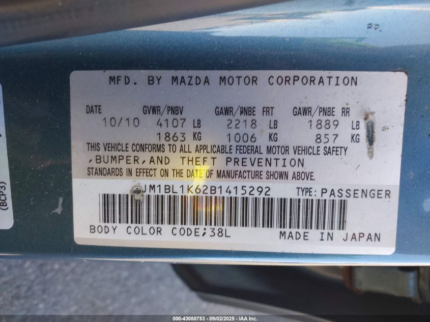 2011 Mazda Mazda3 S Sport VIN: JM1BL1K62B1415292 Lot: 43088753