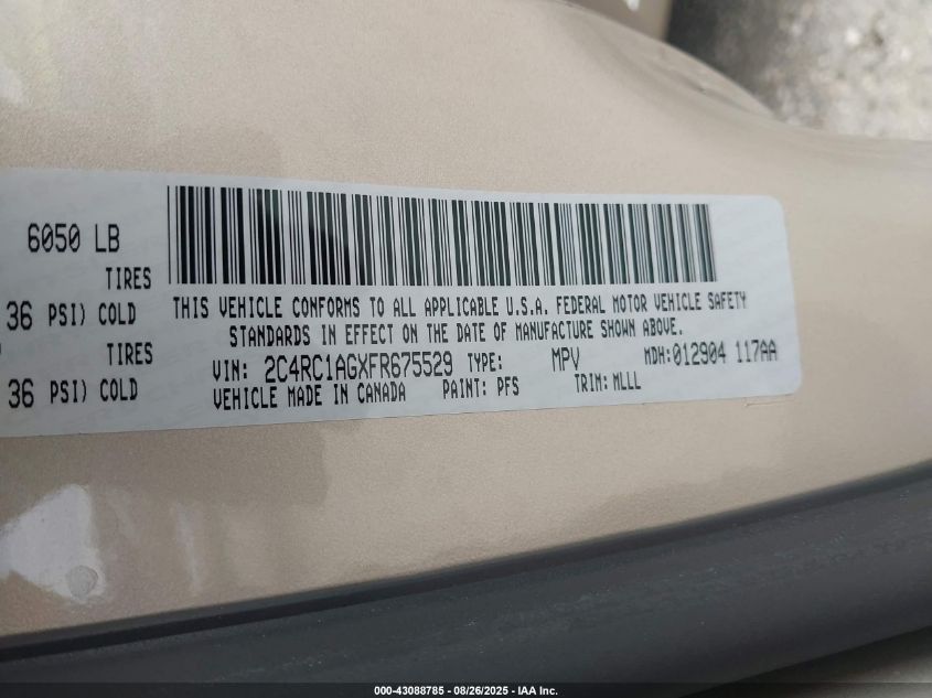 2015 Chrysler Town & Country Lx VIN: 2C4RC1AGXFR675529 Lot: 43088785