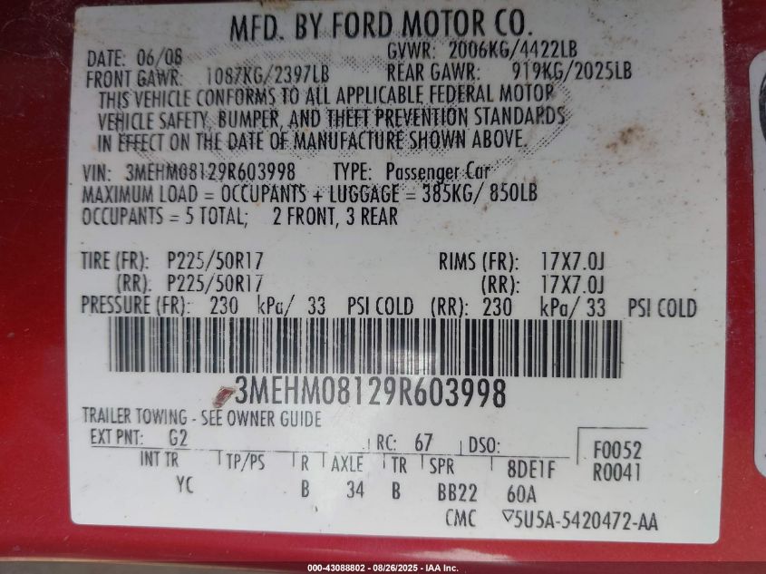 2009 Mercury Milan V6 Premier VIN: 3MEHM08129R603998 Lot: 43088802